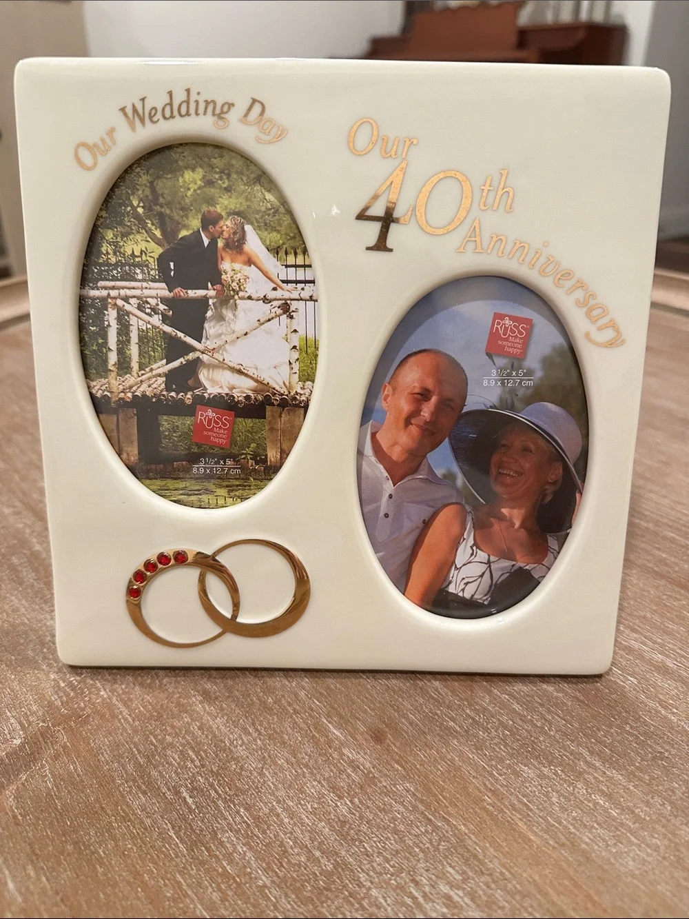 Russ Cream 40th Anniversary Double Photo Frame with Gold Accents